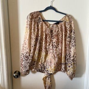BCBGMaxAzria Cream and Brown Floral Tie-Front Peasant Blouse